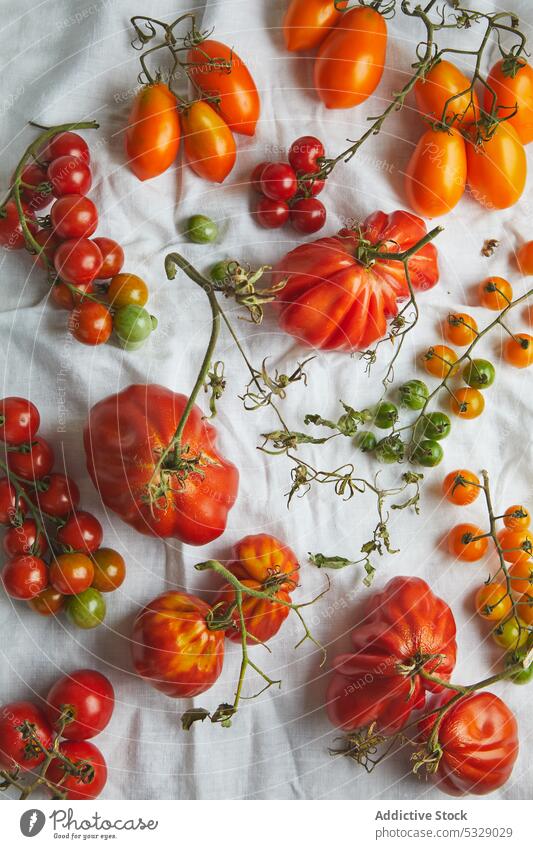 Fresh ripe beef tomatoes on white clothing red fresh raw leaf branch vegetable fabric stem various healthy food natural delicious tasty rough vitamin harvest