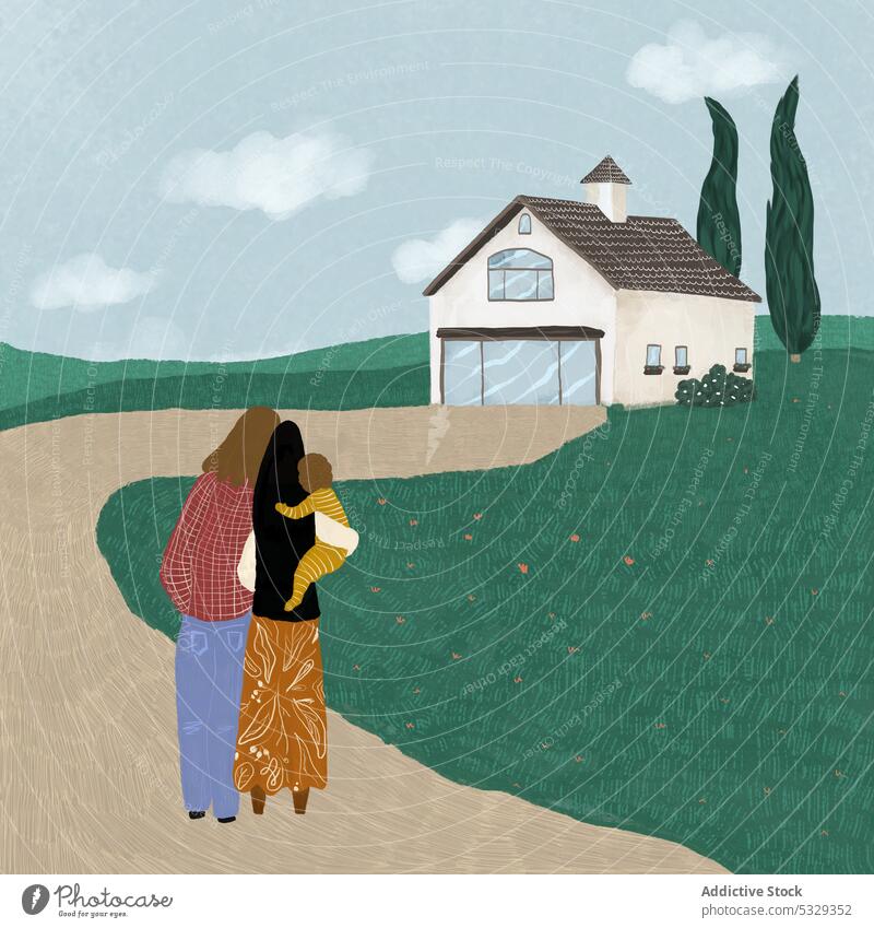 Illustration of family standing in front of new rural house countryside village home embrace love admire image toddler child kid carry nature meadow lawn summer