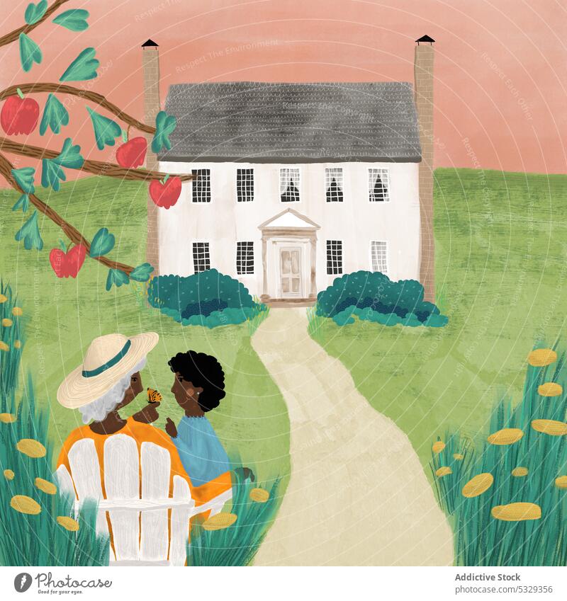 Illustration of black elderly woman sitting on chair with kid near house grandmother grandchild countryside apple tree village rural home love granddaughter