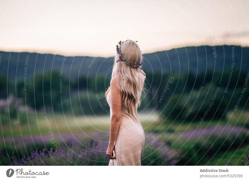 Anonymous woman standing in lavender field nature flower bloom blossom blond enjoy sunset floral meadow summer female harmony dress relax sundown rest evening