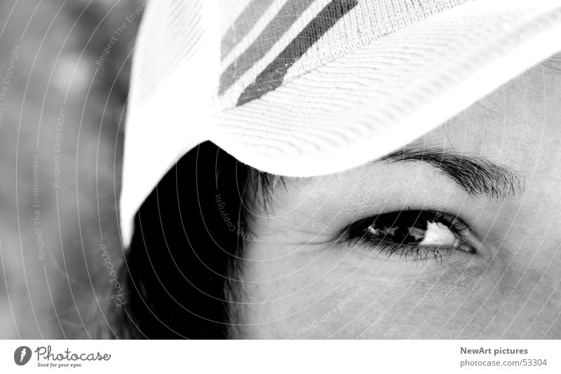 eye Baseball cap Hip-hop Woman Black White Pupil Eyes Black & white photo B&W Looking Hair and hairstyles perspective Think Nose Face