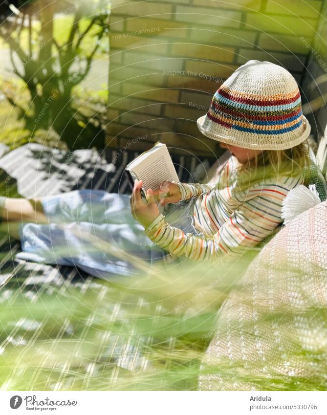 Girl made herself comfortable with a book No. 2 Child Human being Infancy Book Reading Cozy Summer out picnic blanket Schoolchild Study Education Literature
