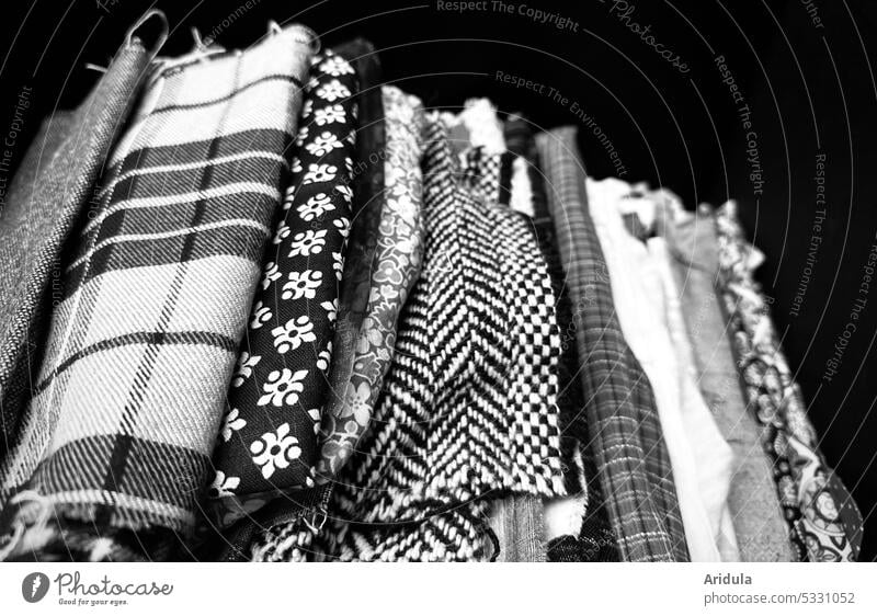 Various fabric scraps b/w No. 1 fabric remnants Substances textile Material Cloth Pattern Design Clothing Fashion Sewing Tailoring Handicraft Creativity