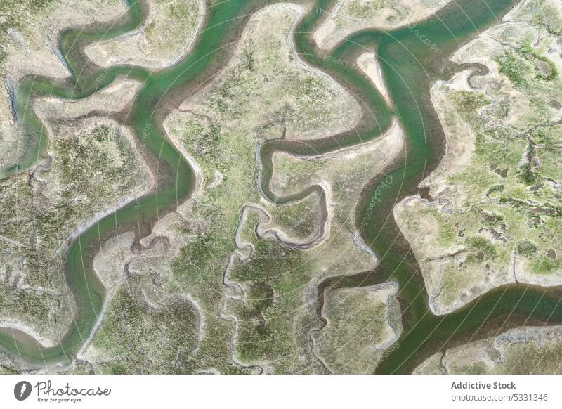 Aerial view of river estuaries amidst green grass in wetlands landscape estuary lake nature range scenery sky picturesque fjord cloudy foliage wild woodland