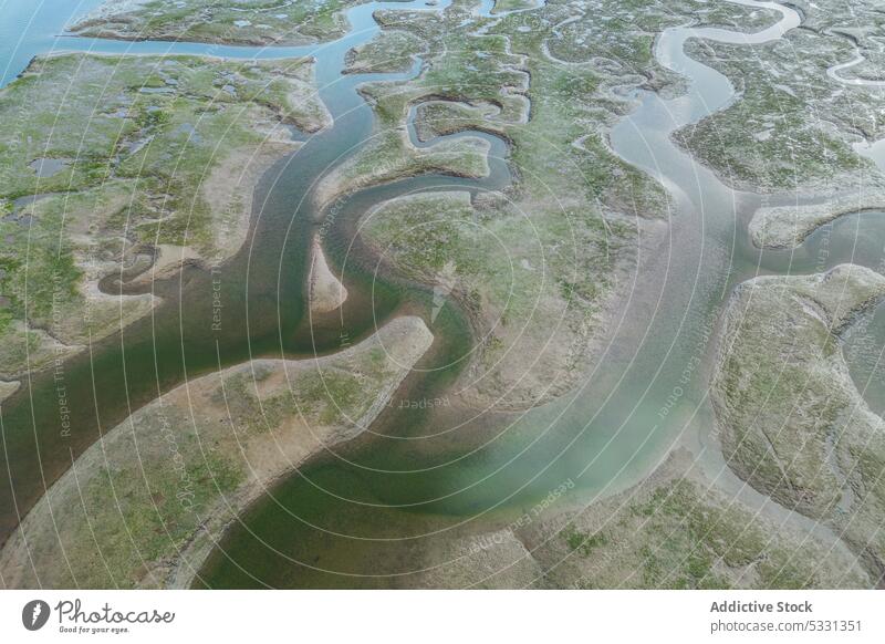 Aerial view of river estuaries amidst green grass in wetlands landscape estuary lake nature range scenery sky picturesque fjord cloudy foliage wild woodland