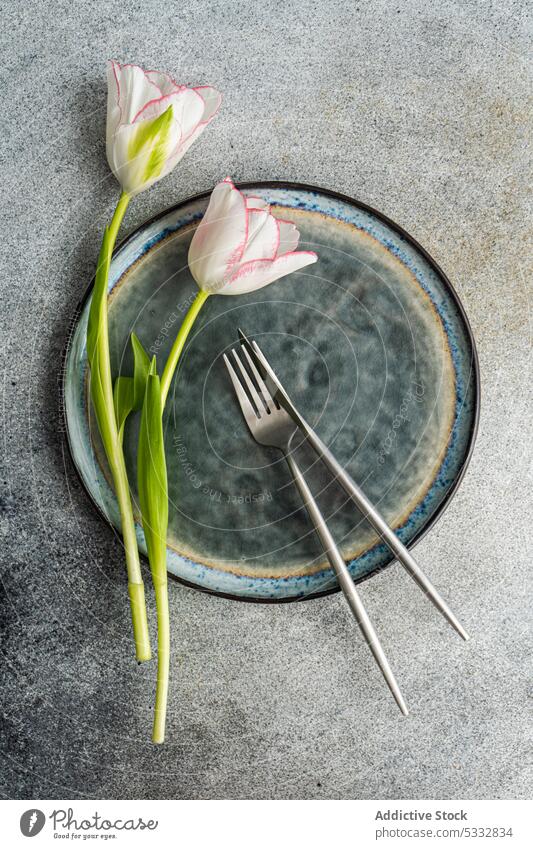 Table setting with seasonal flowers on concrete background tulip dinnerware table beautiful ceramic cutlery daytime eat eating festive floral food holiday mood