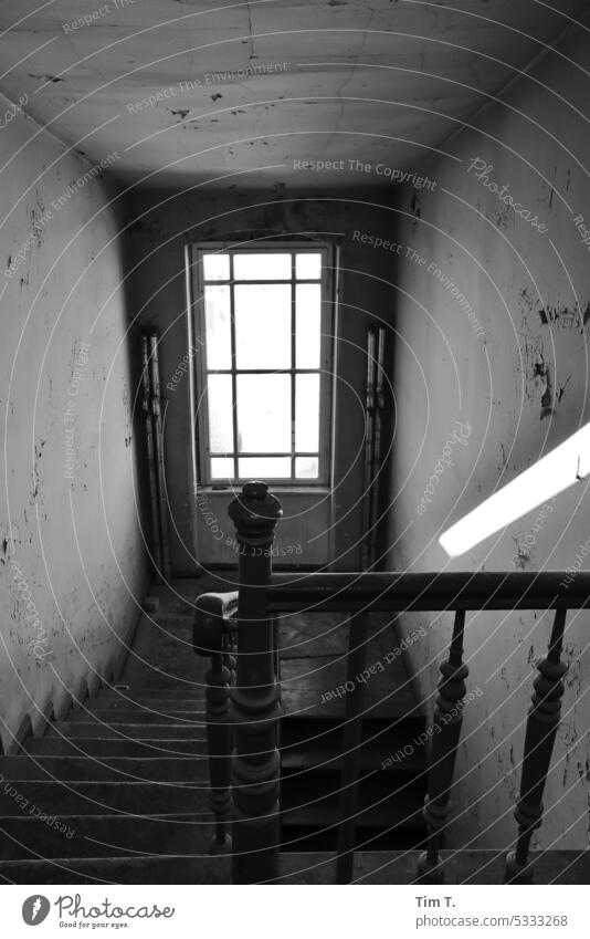 Staircase with window Staircase (Hallway) Window b/w Berlin unrefurbished bnw rail Black & white photo Deserted Day Building Capital city Downtown Town