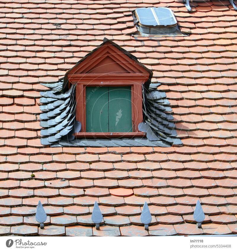 MainFux |roofing art Oriel Wooden door Wood finishing house roof Partial view Roofing art Craft (trade) shingles Shingle formats Beaver tail shape Tone