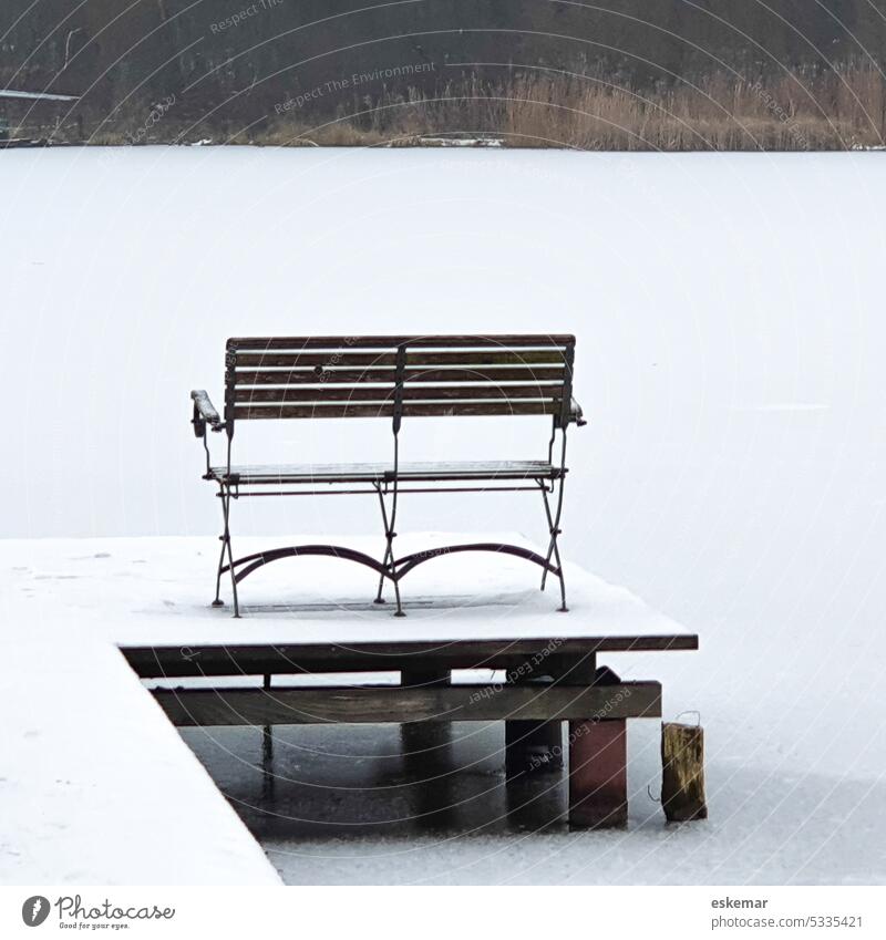 Bench on a jetty on a frozen lake melancholy depression winter depression winter blues symbol picture sensation depressed be in low spirits Despondency bad mood