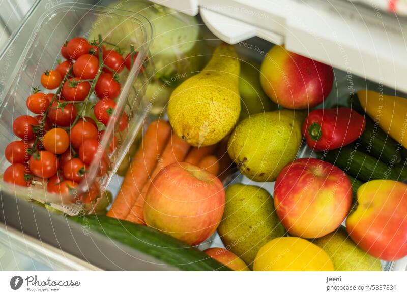 Fresh fruit and vegetables Vegetable Cold Chilled Icebox Food Nutrition Organic produce Delicious variegated Tomato Cucumber Apple carrots Pear Pepper