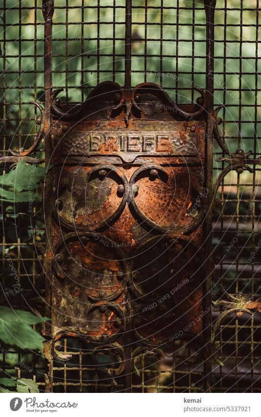 Old mailbox Mailbox Letters rusty Rust Light Shadow Unused Garden door Goal Hang Ornate Tin Brown Green Archaic