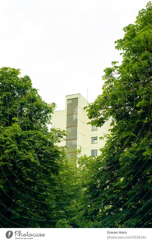 High rise building between big trees Quality of life height High-rise added value Hiding place useful covert Building Side by side Juxtaposition Interaction