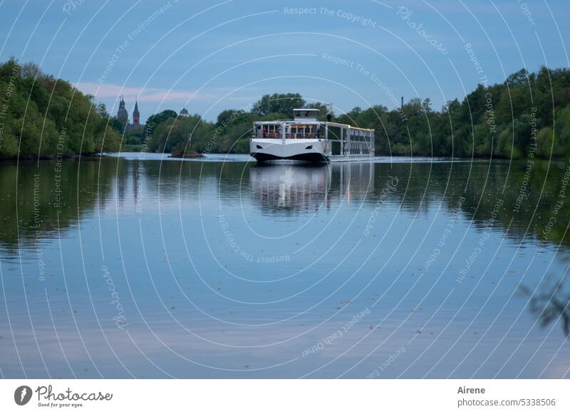 MainFux | upstream River ship Navigation river cruise water level morning mood early tranquillity Beautiful weather Vacation & Travel silent Morning bank Calm