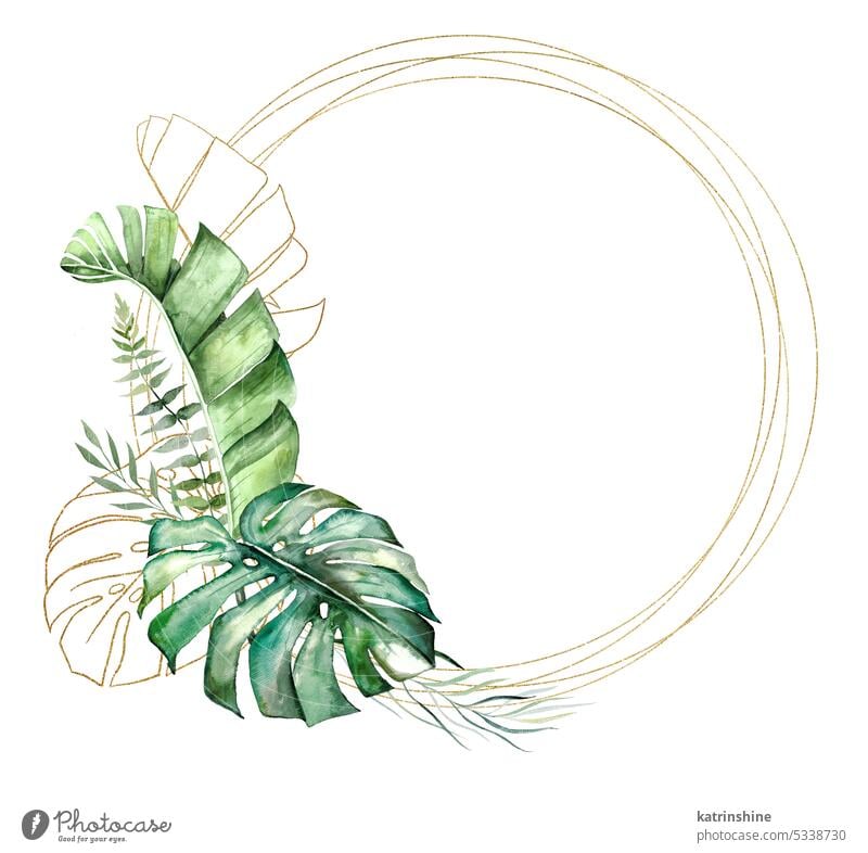 Frame made with green and golden watercolor tropical leaves, isolated wedding illustration Botanical Decoration Element Exotic Foliage Hand drawn Isolated