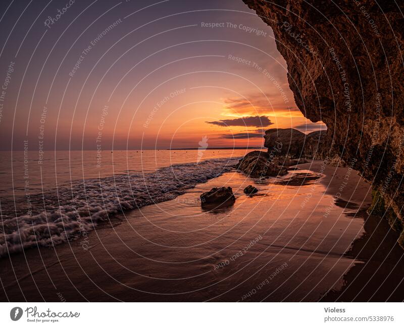 Sunset on the beach of Gale VI Portugal Beach gale travel Ocean Atlantic Ocean Rock Cave reflection Waves Algarve