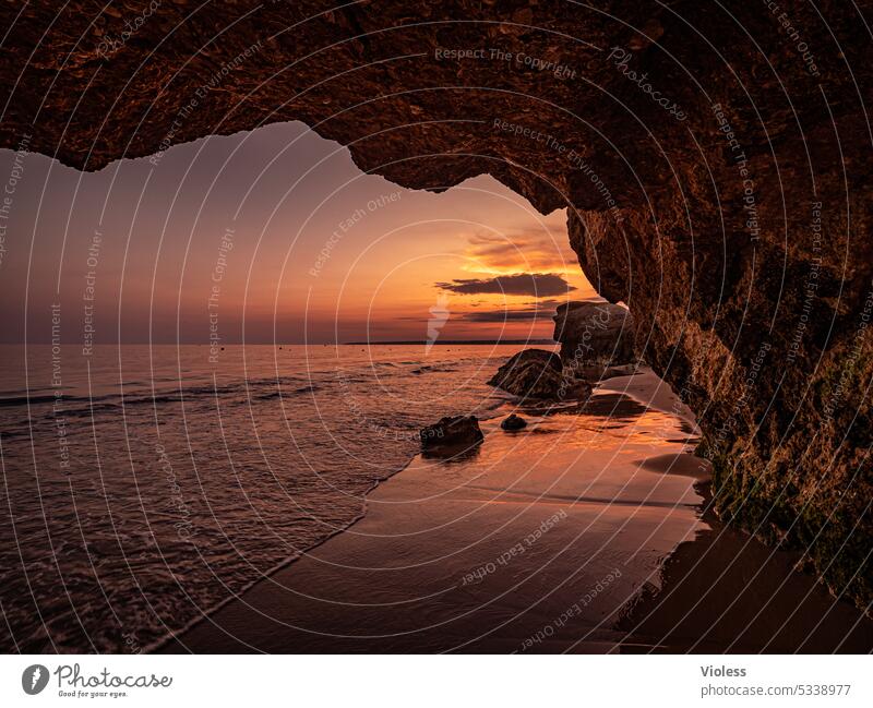 Sunset on the beach of Gale IV Portugal Beach gale travel Ocean Atlantic Ocean Rock Cave reflection Waves Algarve
