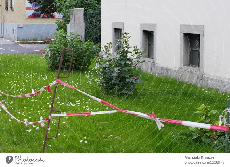 small lawn with roses,shrubs bordered with a red and white barrier tape, please do not enter Lawn Daisy urban area Exclusion zone Grass Roadside Housefront