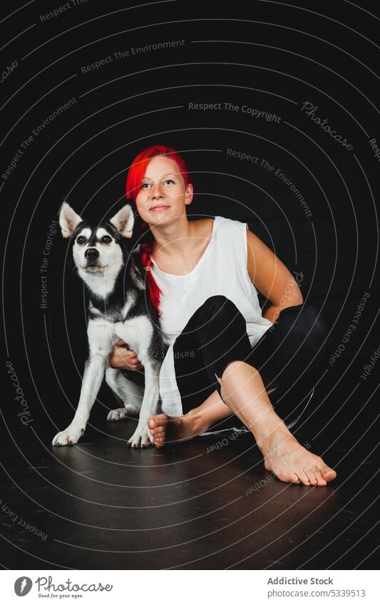 Cheerful woman with Siberian Husky in studio red head dog puppy red hair having fun pet smiling young happy animal domestic friend female owner cute lovely