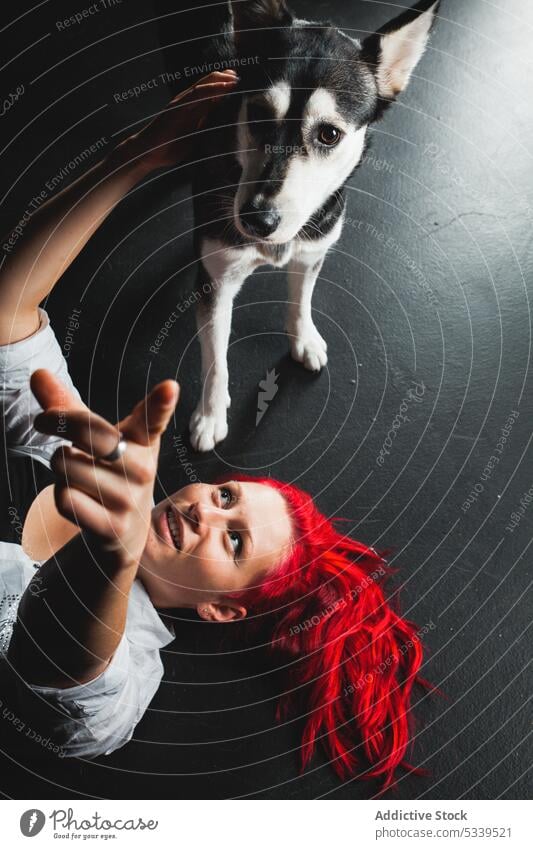 Cheerful woman with Siberian Husky in studio red head dog puppy red hair having fun pet smiling young happy animal domestic friend female owner cute lovely