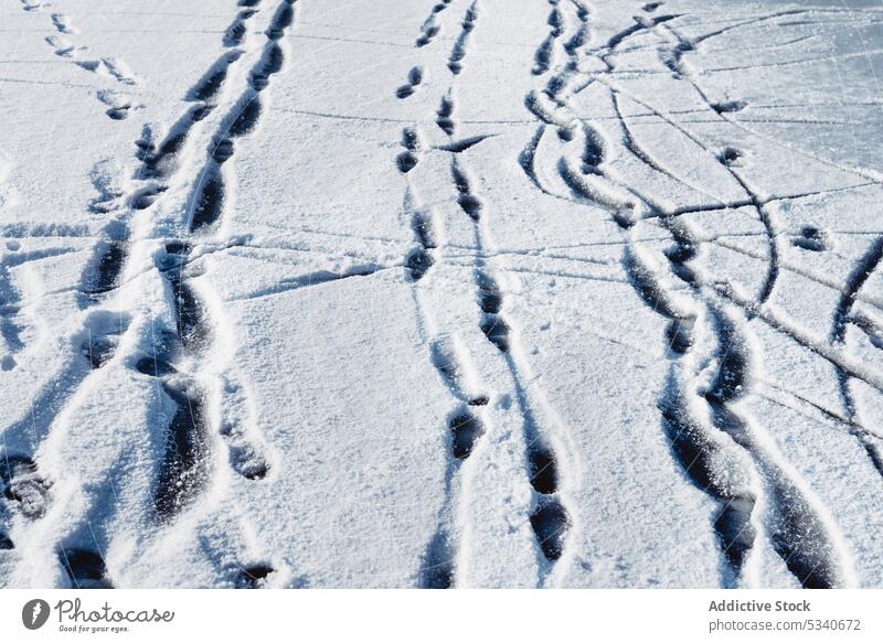 Human footprints on snow covered ice human winter trail catch lake different nature cold white season frost walk step trace snowy snowbound weather freeze