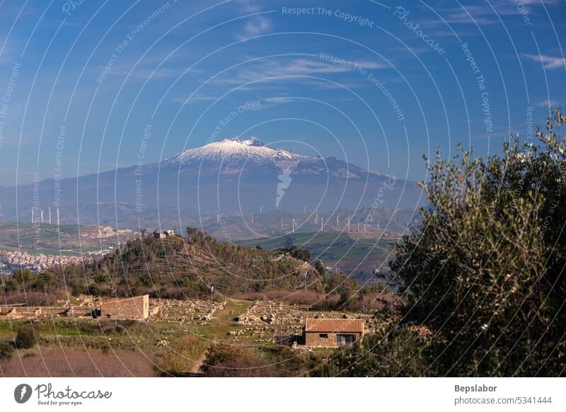 Etna and the panoramic view of the ancient greek city of Morgantina, in Sicily archaeology ruin italy site agora archaeologic enna morgantina etna volcano