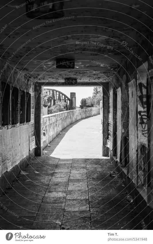 Passage to the bridge Friedrichshain Elsen Bridge b/w Black & white photo B/W Exterior shot Day B&W Deserted Architecture Calm Loneliness Berlin Street