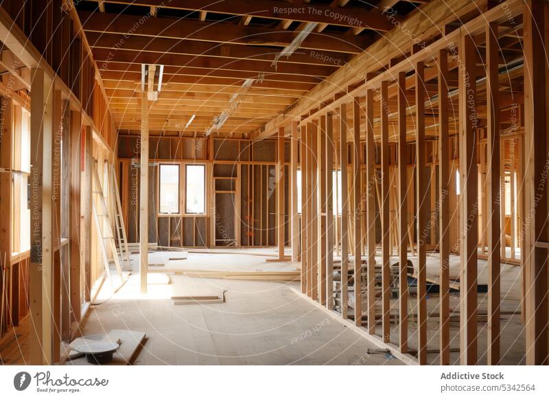 Generative AI illustration interior of spacious building construction of frame house under construction with wooden pillars window site renovate structure