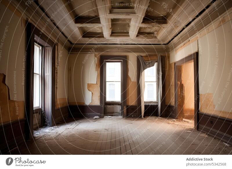 AI-generated image of the interior of an old and very poor condition building under reconstruction shabby architecture illustration weathered generative ai