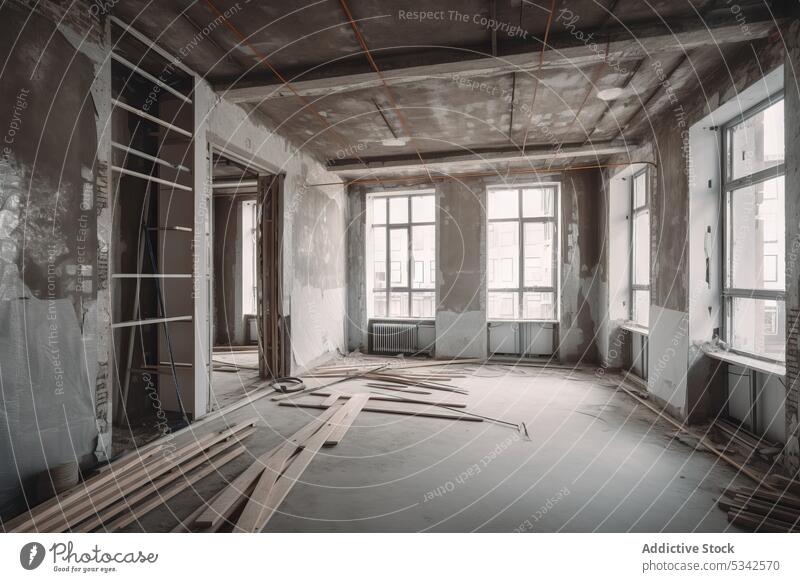 Generative AI image of a room of a building totally under reconstruction degraded walls and ceiling renovate architecture hallway illustration weathered