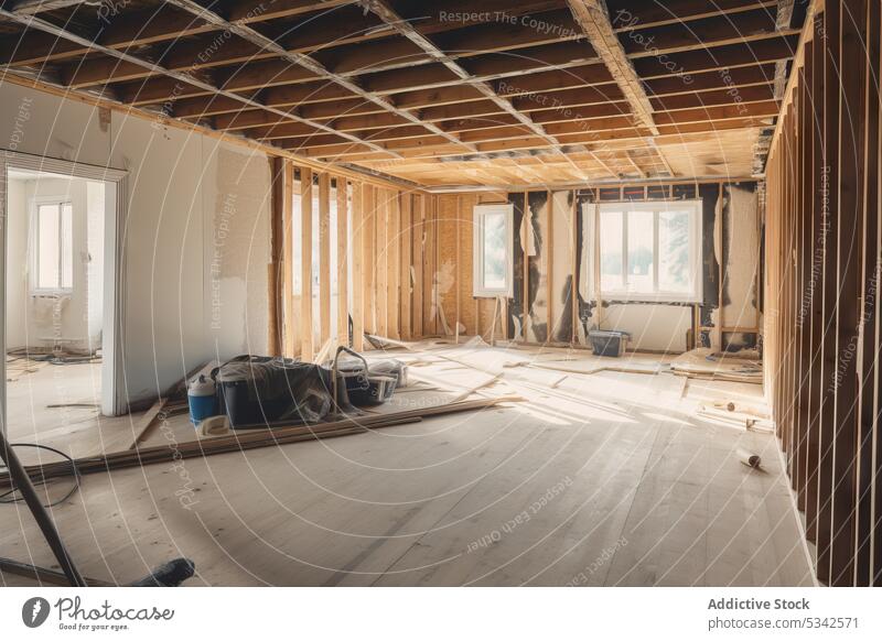 Generative AI illustration interior of spacious building under construction with wooden walls house window site generative ai renovate structure design