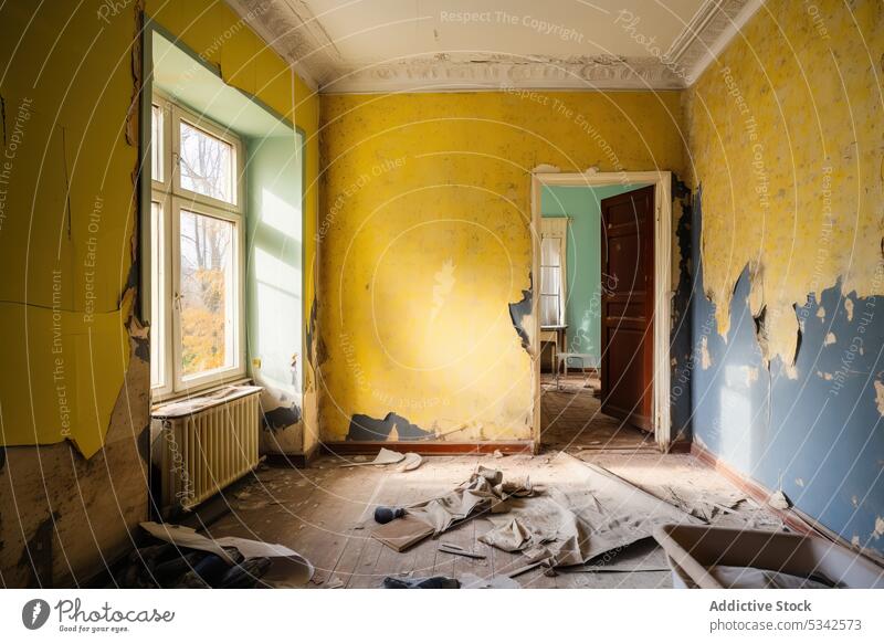 Generative AI illustration of empty room with yellow shabby walls and dirty floor against window in home during renovation renovate interior weathered