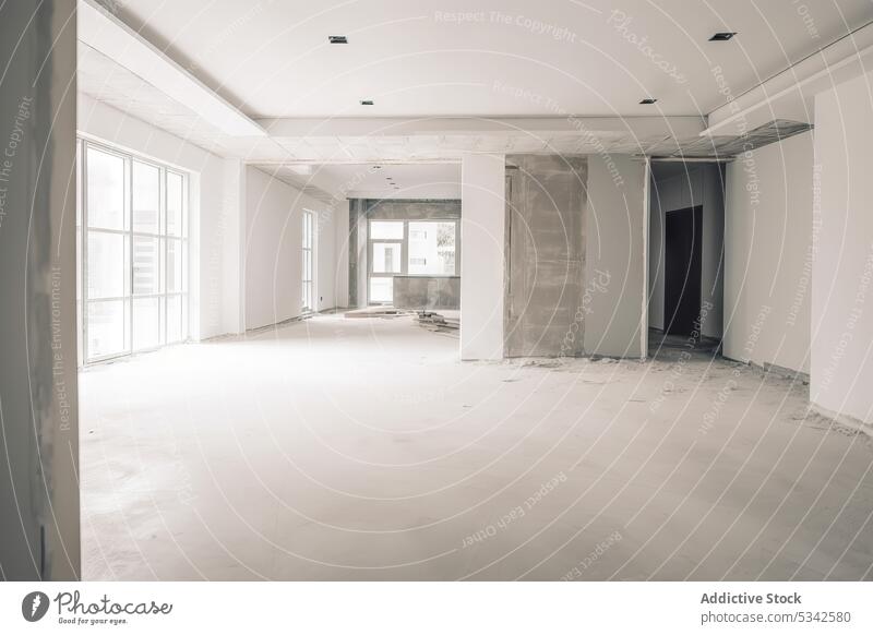 AI-generated image of a spacious empty hall in a building with large windows and glass doors after renovation house illustration interior room architecture