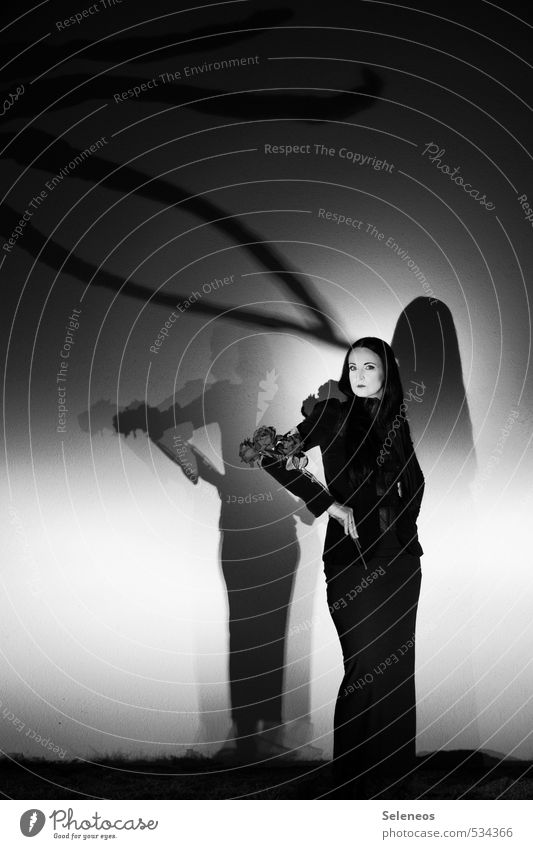 Morticia Night life Hallowe'en Human being Woman Adults 1 Long-haired Dark Elegant Large Creepy Cold Dress up Rose Blossom Black & white photo Exterior shot
