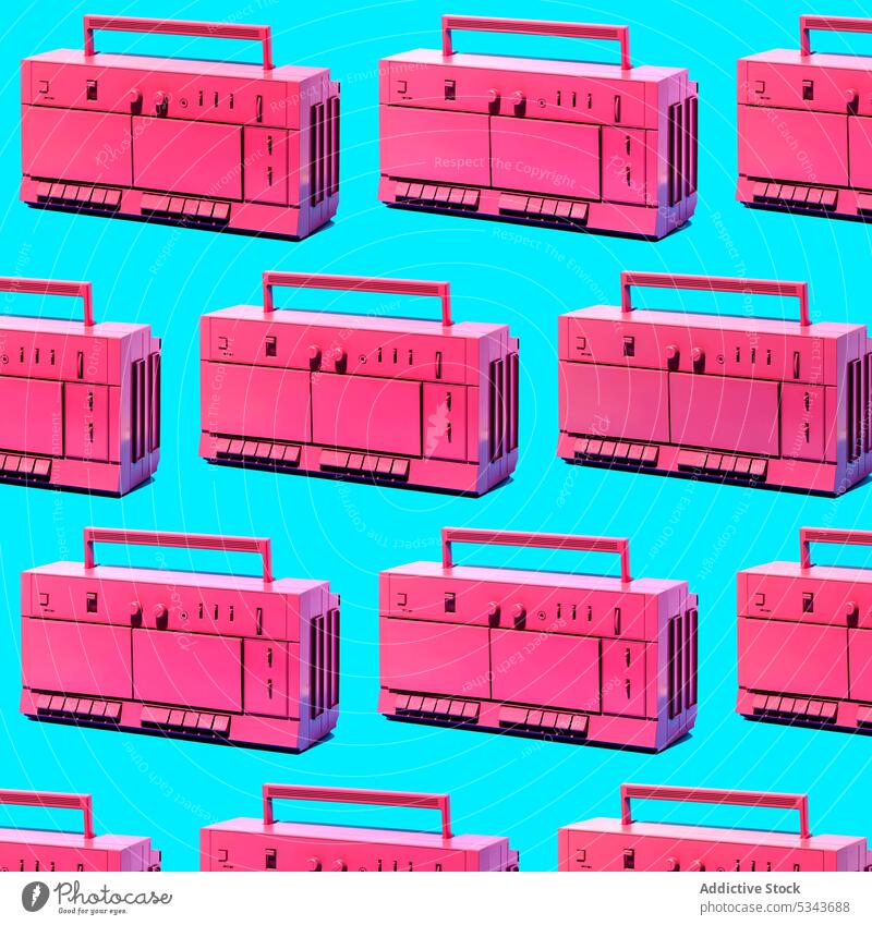 Similar vintage boomboxes against blue background recorder pattern retro music tape design abstract cassette old fashioned similar nostalgia art song creative