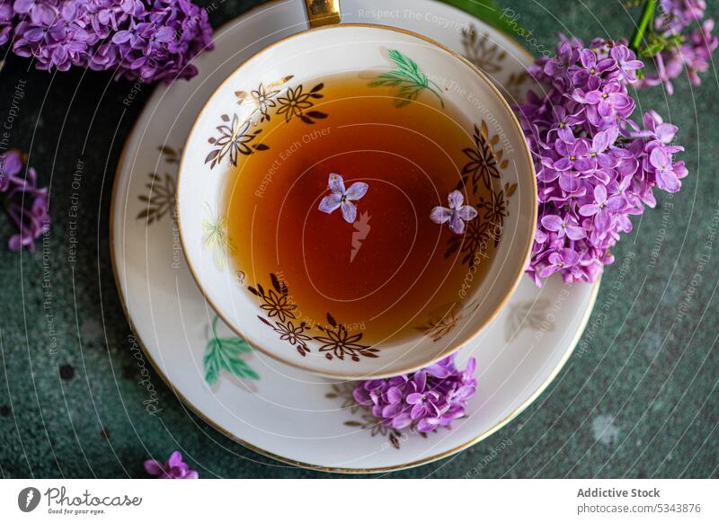 Top view of tasty black tea in vintage cup on mint green concrete table aromatic beverage bloom blossom bouquet box cement colorful cutlery dark dinner