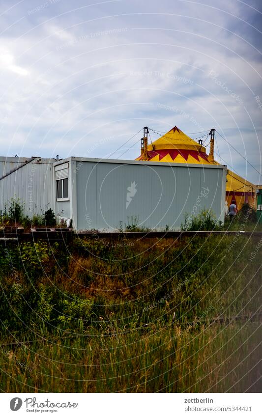 Circus tent in background cordon performing Grass Culture dome Circus ring Metal Metalware Parking space Willow tree Meadow Fence Tent circus dome Cultural site