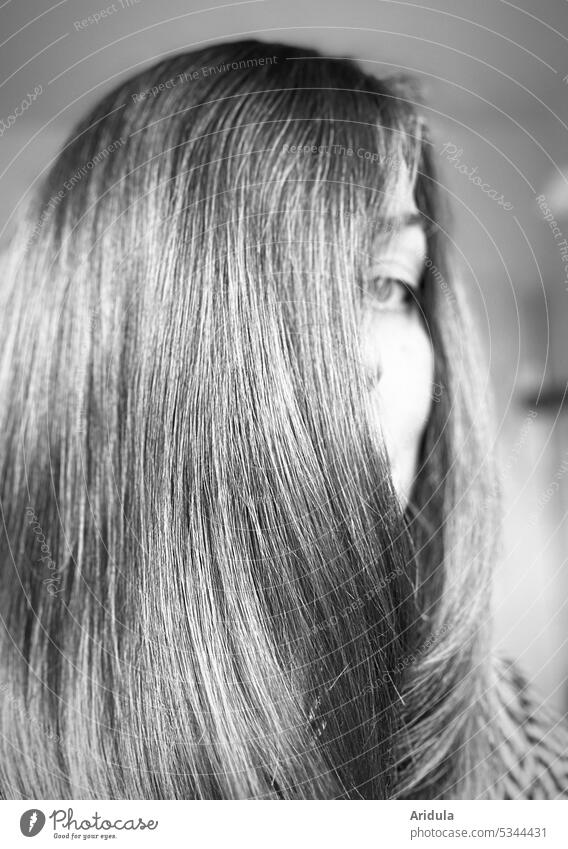 Portrait | Long hair hiding the face of a woman b/w No. 2 Woman portrait portait Face Hair and hairstyles long hairs Eyes Head Looking Human being Feminine