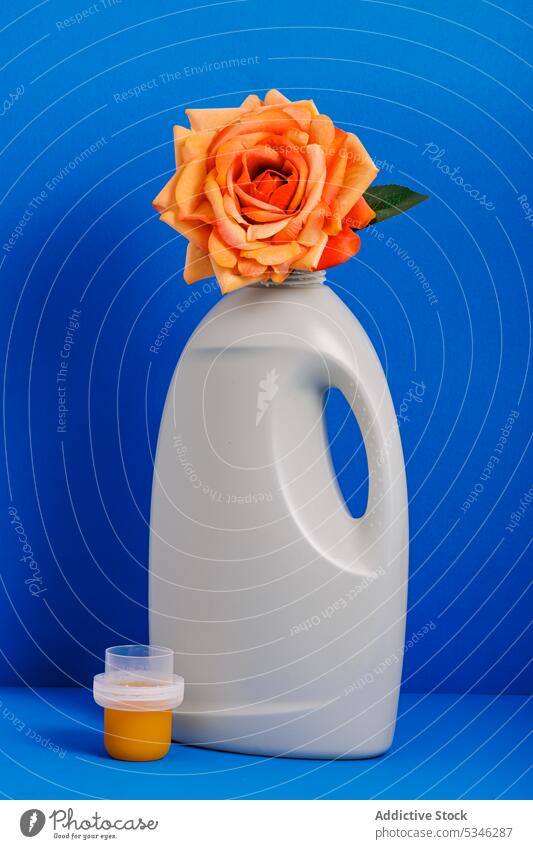 Generative AI illustration of fresh orange rose with green leaves placed in plastic bottle of detergent against blue background representing concept of recycling packaging
