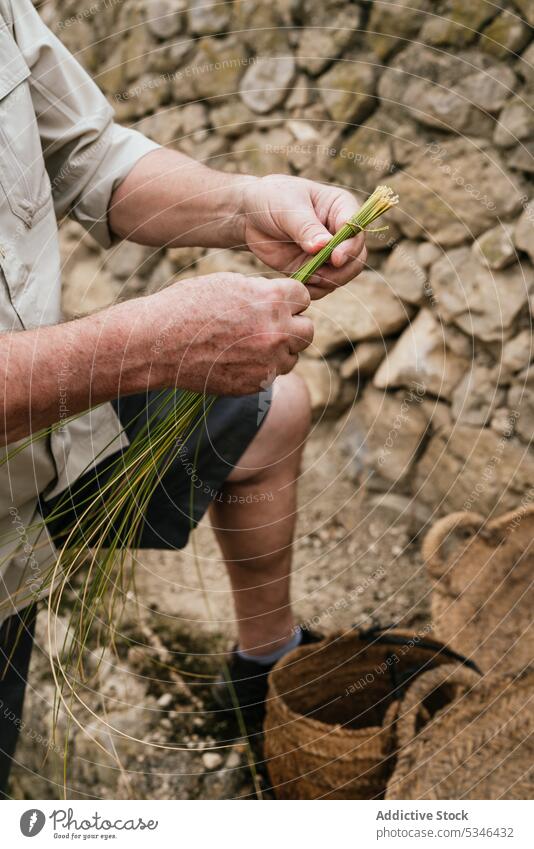 Crop man using esparto grass while weaving basket weave artisan countryside craft nature focus work concentrate male casual fiber small business rural labor