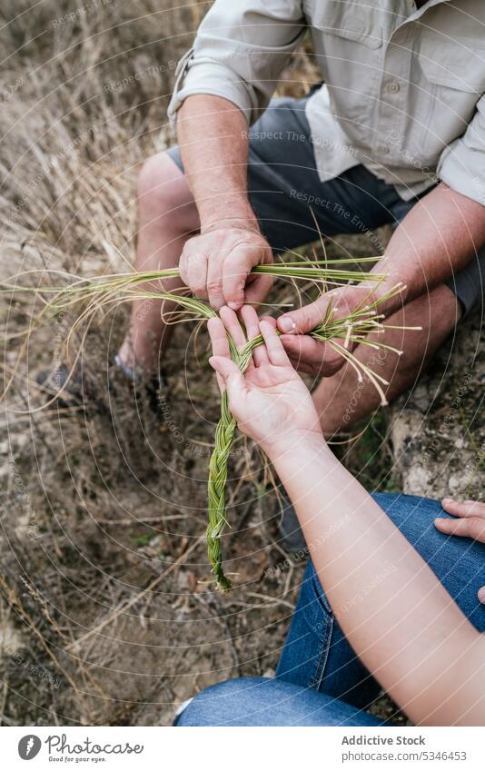 Woman with father holding halfah grass for natural fiber crafts woman make handmade esparto braid collect farmer family business harvest gardener prepare