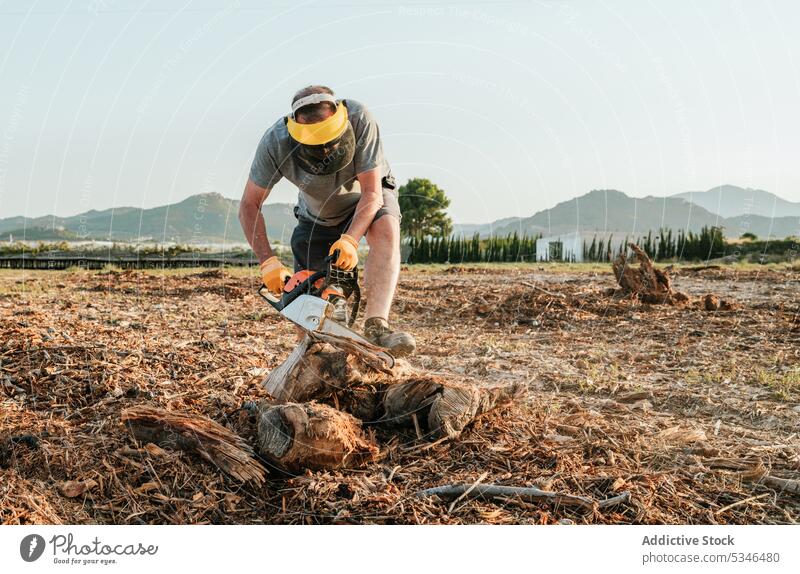 Anonymous farmer cutting firewood with chainsaw in countryside field prepare man trunk male tree mountain nature highland rural equipment tool instrument modern