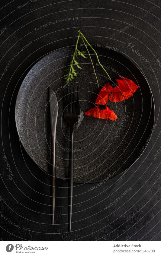 Bright black plate with red poppies on top poppy beautiful concrete cutlery dark dinner fork knife eat eating fasting flora floral flower food meal minimal