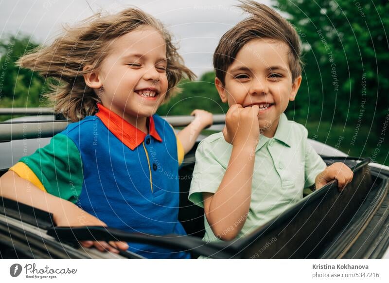 Adorable happy little boys children in open car sunroof during road trip kid travel family people vehicle young carefree freedom journey cheerful childhood