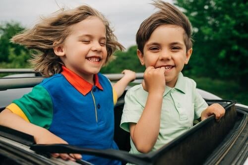 Adorable happy little boys children in open car sunroof during road trip kid travel family people vehicle young carefree freedom journey cheerful childhood