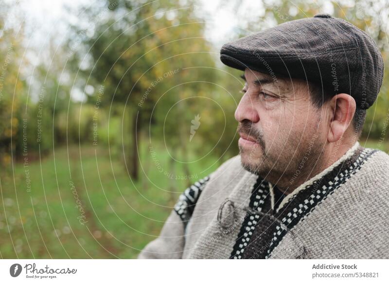 Pensive man in beret looking away against trees tradition pensive style portrait countryside thoughtful nature outfit mapuche temuco chile chilean indigenous