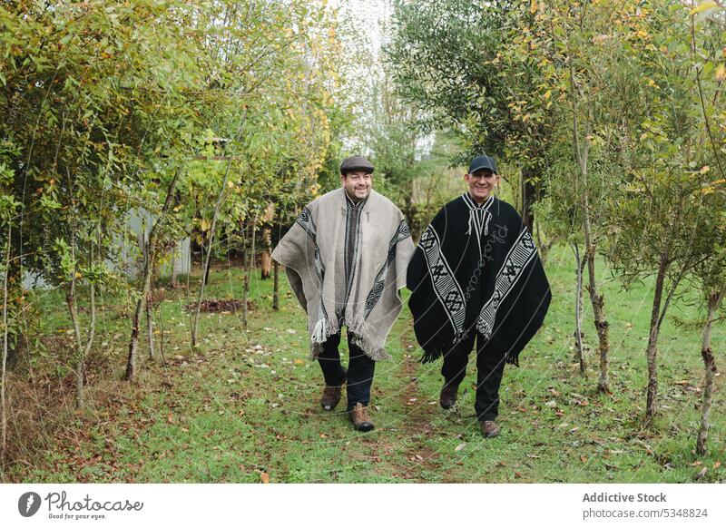 Cheerful senior men walking in garden together discuss mapuche stroll conversation talk communicate positive harvest temuco chile chilean indigenous traditional