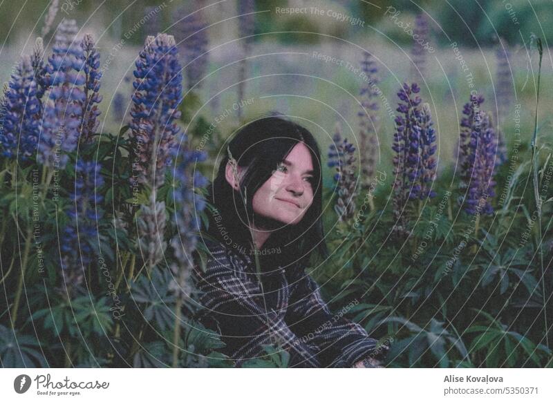 in a field of lupines III flowers Blossoming Violet Field nature purple Close-up Smile Dark hair