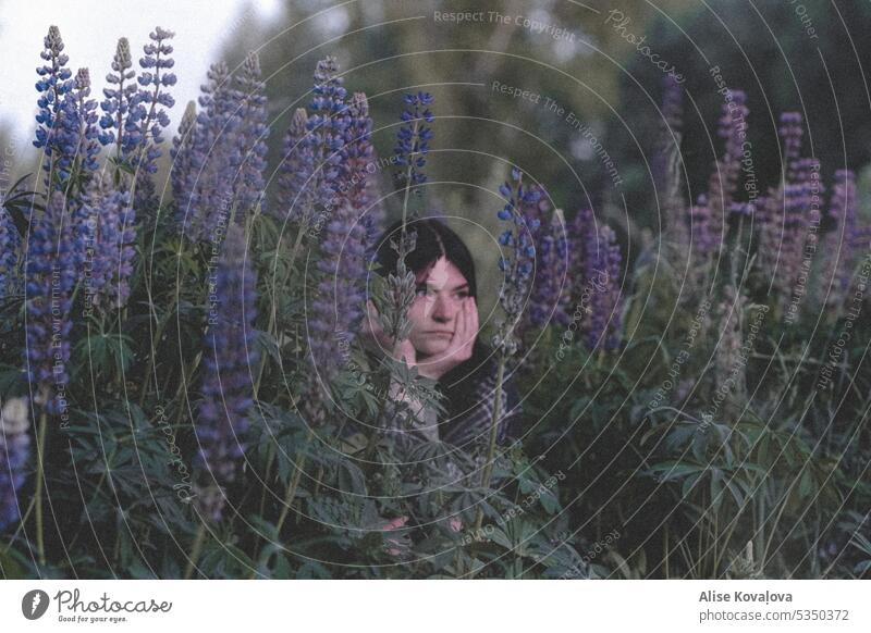 in a field on lupines II Self portraits face meadow nature Woman Looking Young woman serious