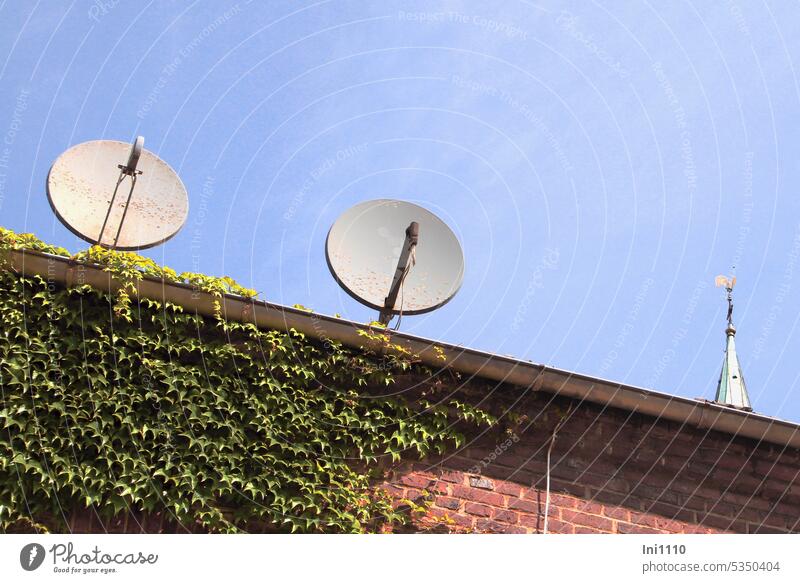 Roof edge with 2 satellite dishes and steeple top House (Residential Structure) partial view look up Satellite Dish two aligned Facade green Overgrown