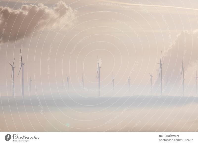 windmills Shroud of fog Fog Sunrise Pit Industrial district Industrial plant Village Industry Open pit mine Agriculture Sky view Rural